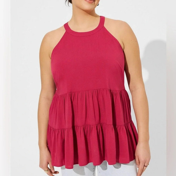 Torrid Hot Pink Rayon Slub Halter Neck Tiered Ruffle Tank Top 2X Women’s - Picture 1 of 13